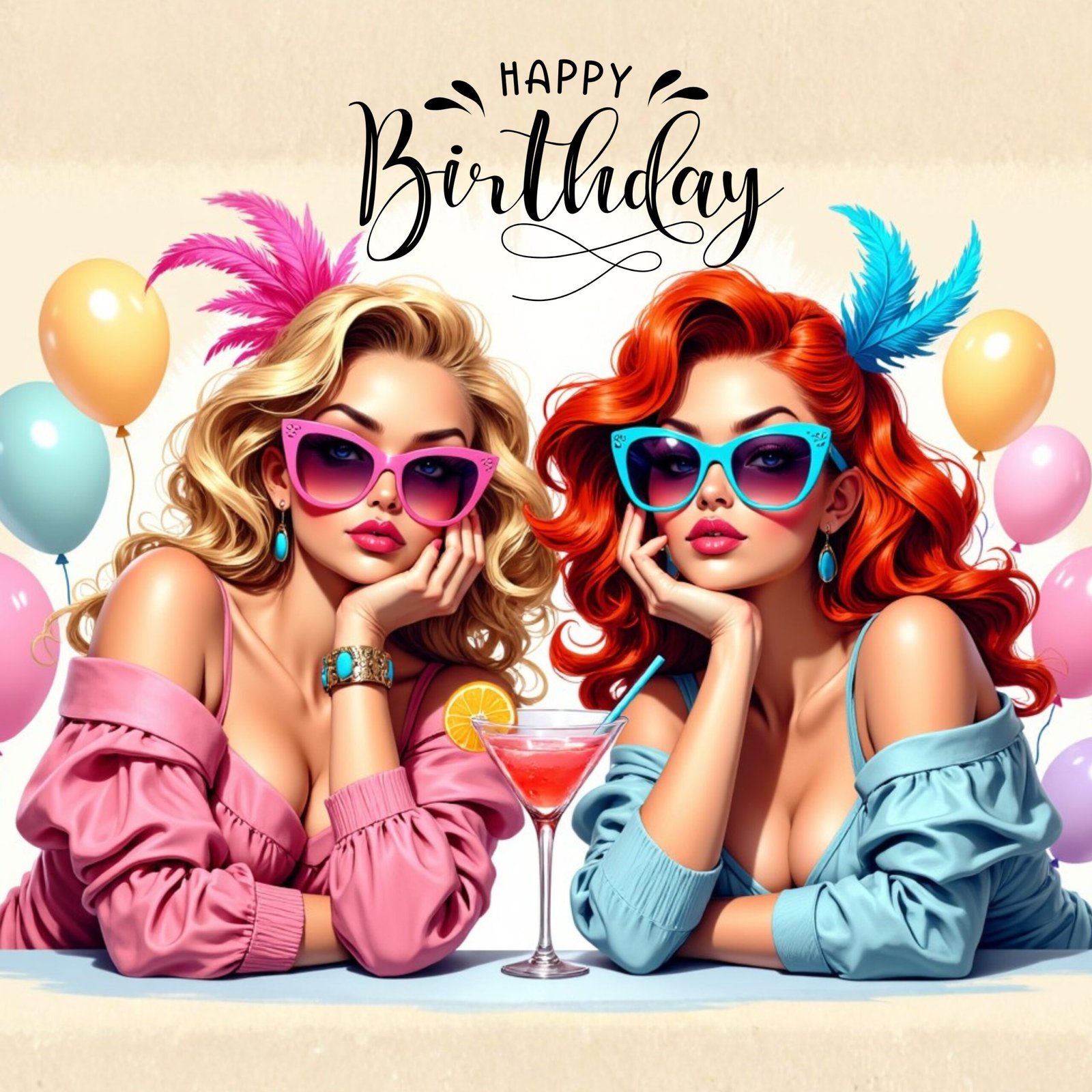 25 Birthday Wishes for a Friend - A whimsical, exaggerated fashion illustration features two glamorous female best friends posing side-by-side with their elbows resting on a table, chin in their hands, making funny pouting duck-faces.