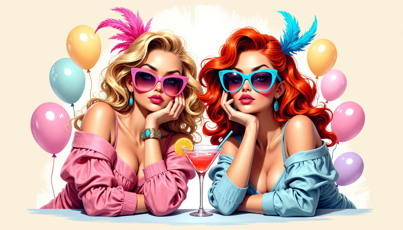 25 Birthday Wishes for a Friend - A whimsical, exaggerated fashion illustration features two glamorous female best friends posing side-by-side with their elbows resting on a table, chin in their hands, making funny pouting duck-faces.