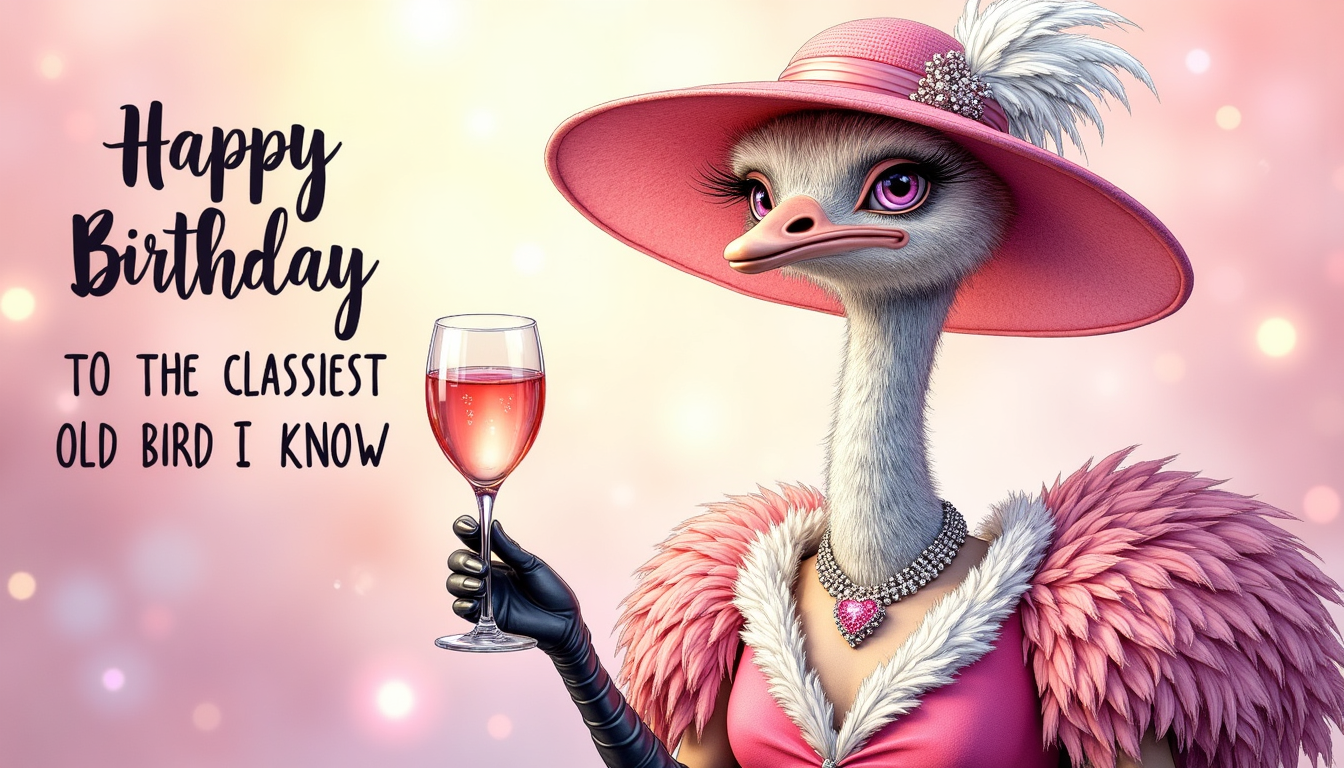 Funny Birthday Wishes pink ostrich holding a glass of wine 