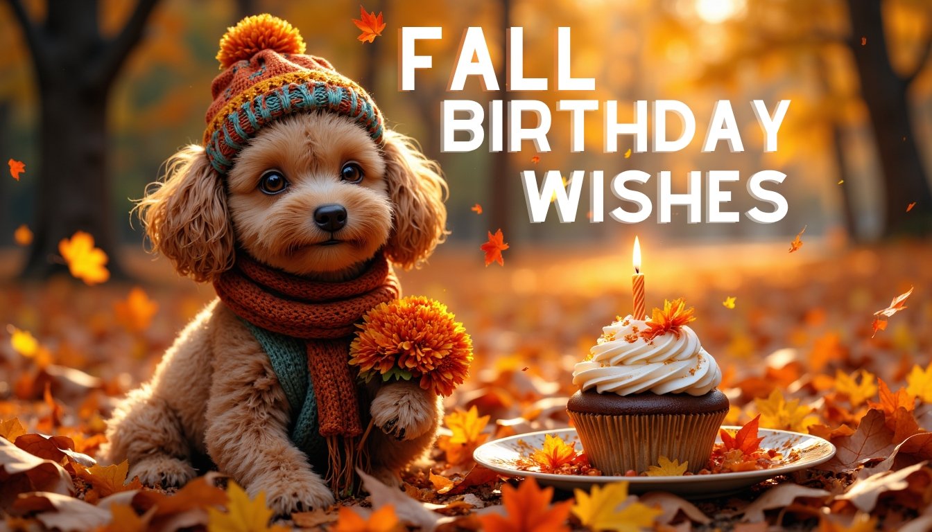 Fall Birthday Wishes - cute poodle dog wearing a hat and sitting next to a birthday cupcake in the woods 