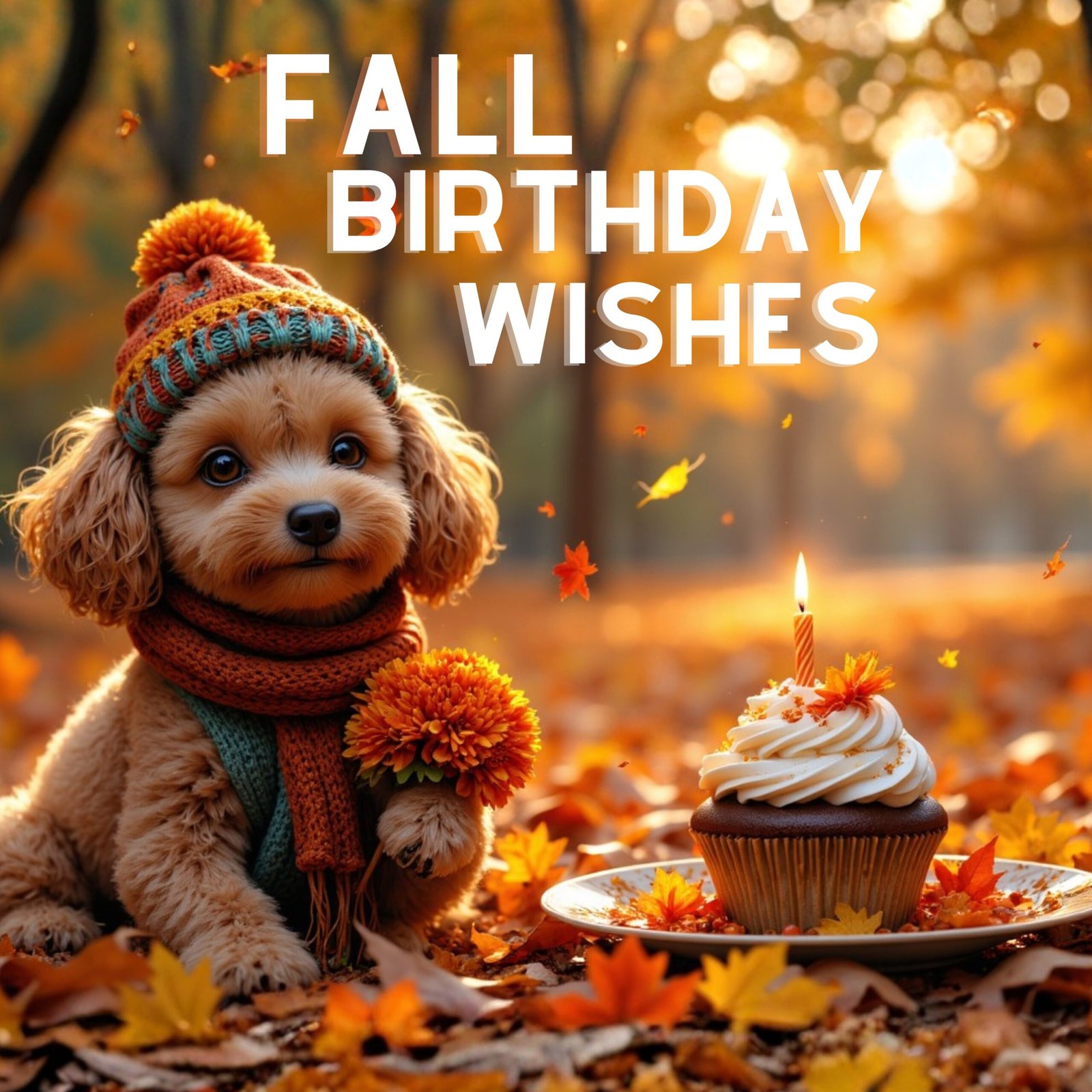 Fall Birthday Wishes - cute poodle dog wearing a hat and sitting next to a birthday cupcake in the woods