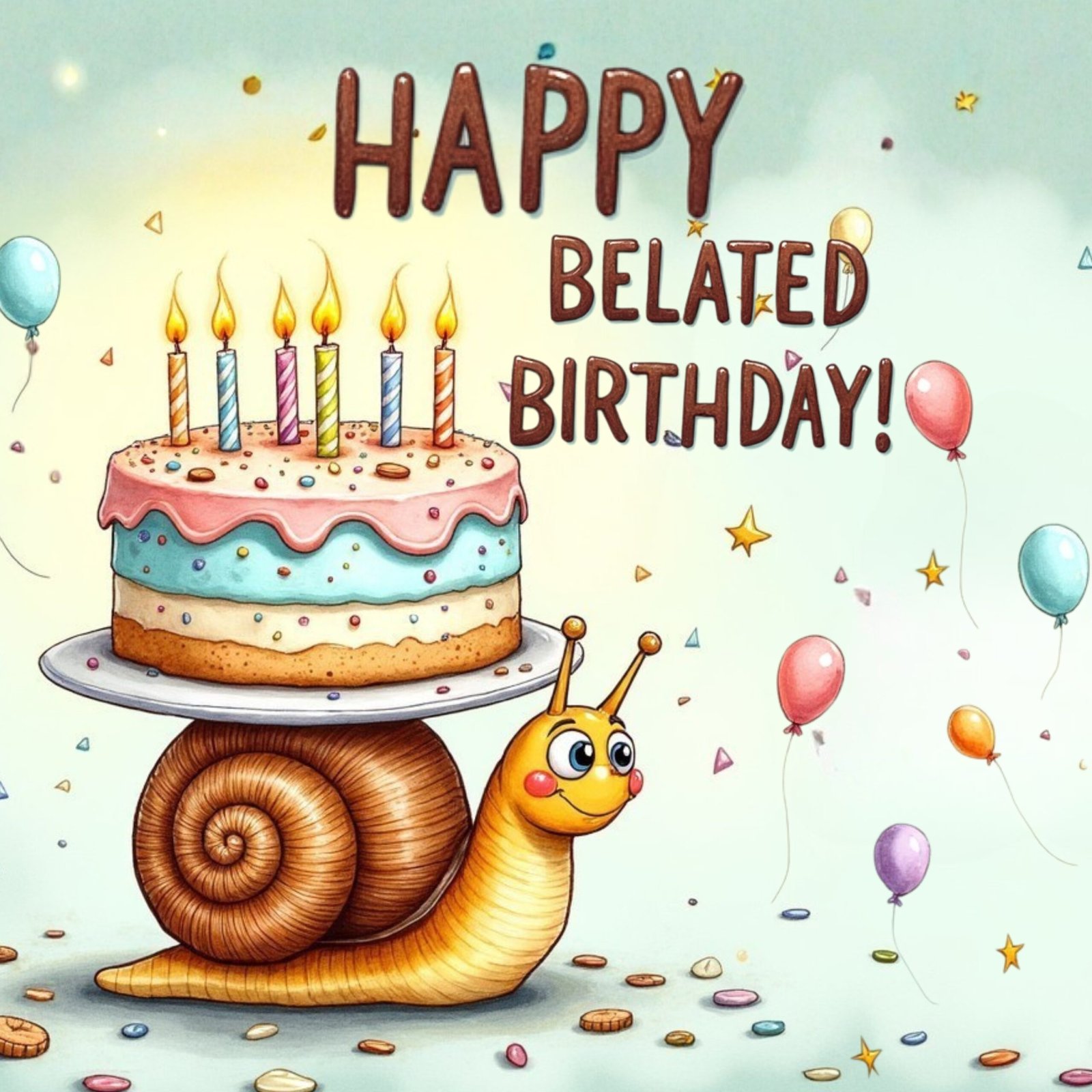 happy belated birthday an illustration of snail with a large birthday cake on its shell