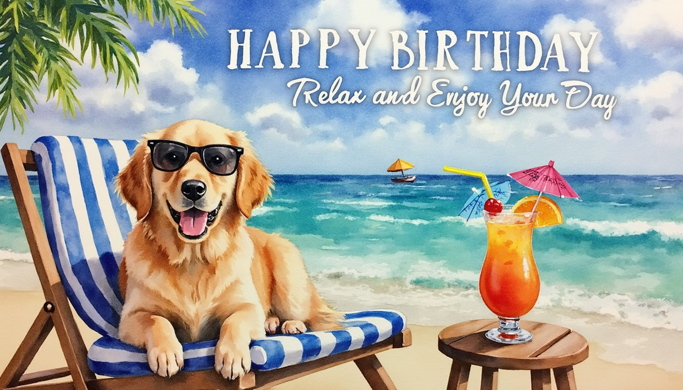 Summer Birthday Wishes for Friends, Family & Loved Ones - dog lounging on the beach