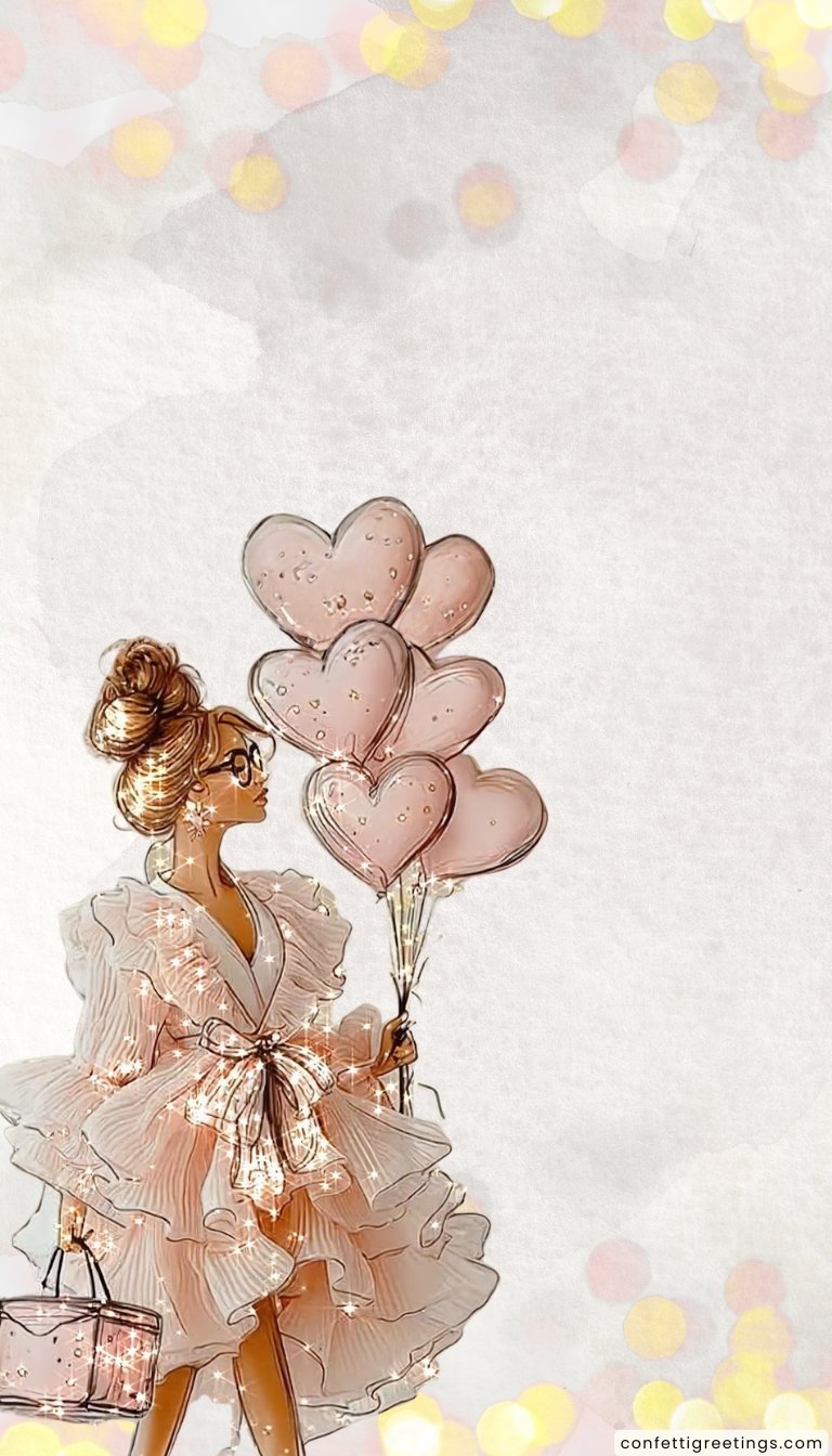 free ecards-virtual greeting cards- modern woman wearing a pastel pink sparkly dress and holding heart shaped balloons