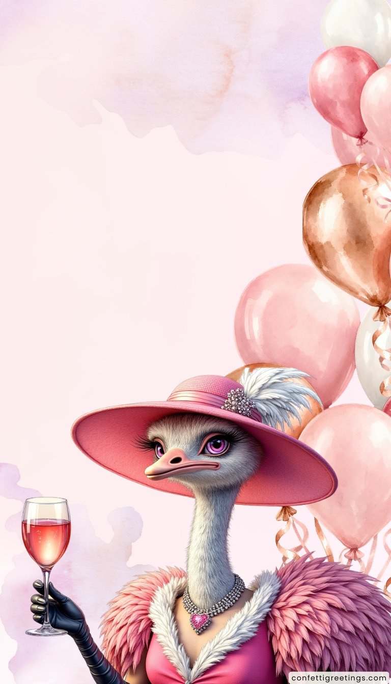 free ecards-virtual greeting cards- an Ostridge wearing a ping hat and holding a pink glass of wine
