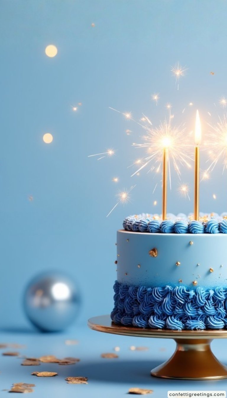 free ecards-virtual greeting cards- blue frosted birthday cake with gold candles in it