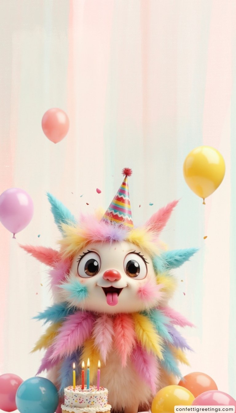 free ecards-virtual greeting cards- cute pastel monster wearing a birthday hat