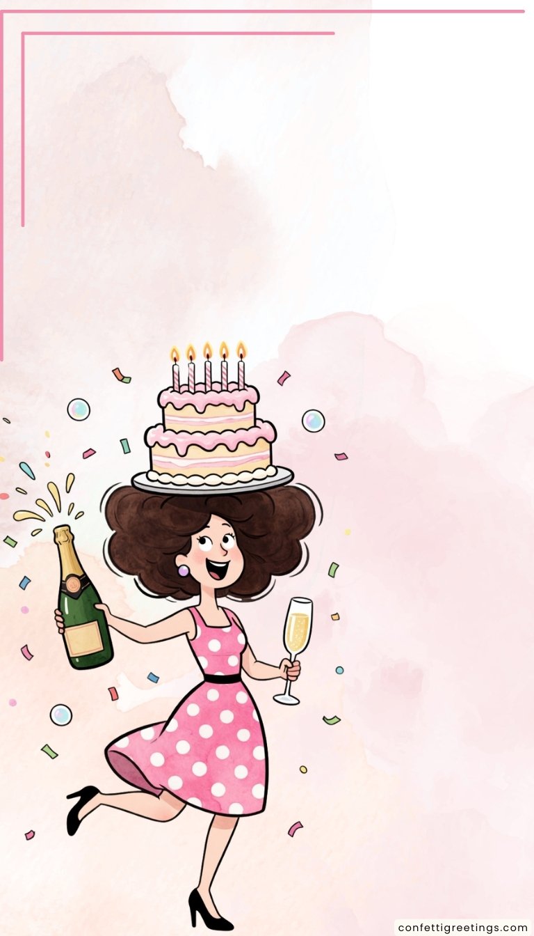 free ecards-virtual greeting cards- funny lady balancing a cake on her head and holding champagne bottle and glass in her hands