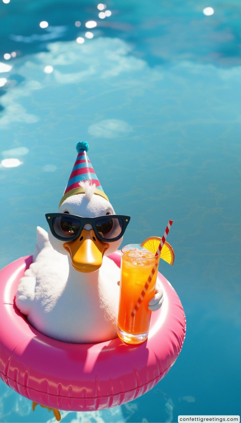 free ecards-virtual greeting cards- cute duck wearing a birthday hat and holding a drink swimming in the pool