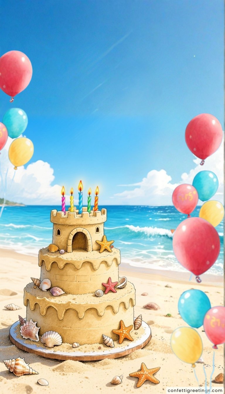 free ecards-virtual greeting cards- sand castle cake with lit candles on top and balloon background