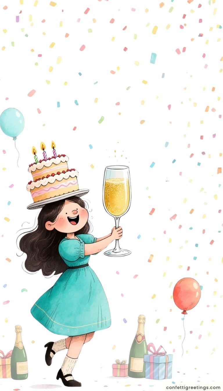 free ecards-virtual greeting cards- cartoon girl holding a large glass of champagne with a two tiered cake on her head