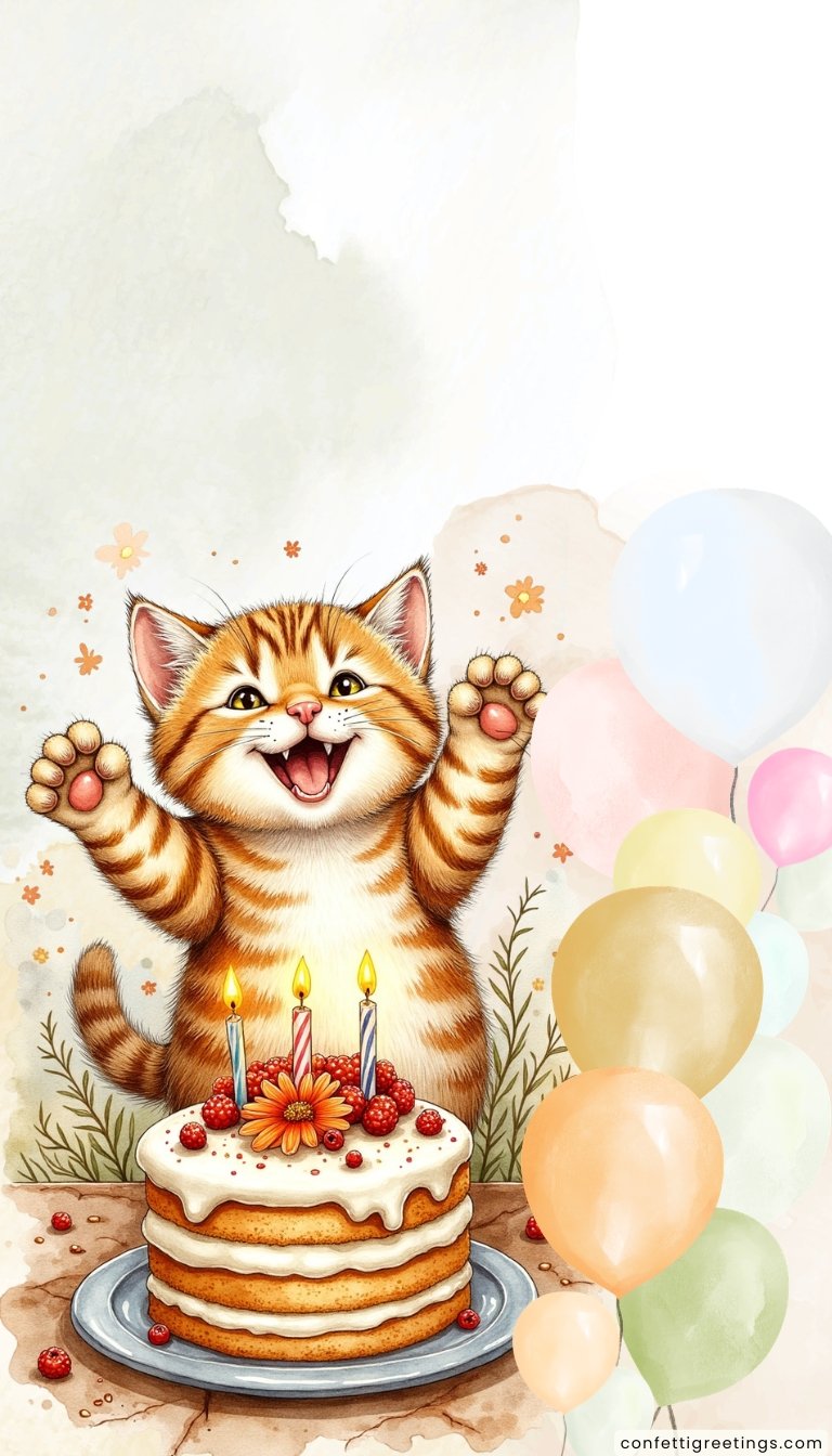 free ecards-virtual greeting cards- happy cat with balloons and birthday cake