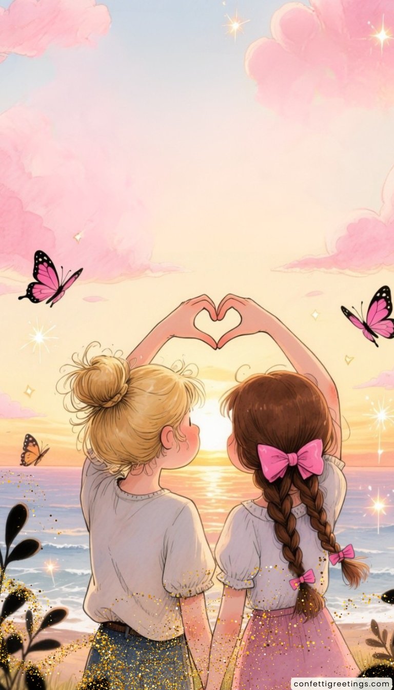 free ecards-virtual greeting cards- two sisters looking into the clouds creating a heart symbol with their hands