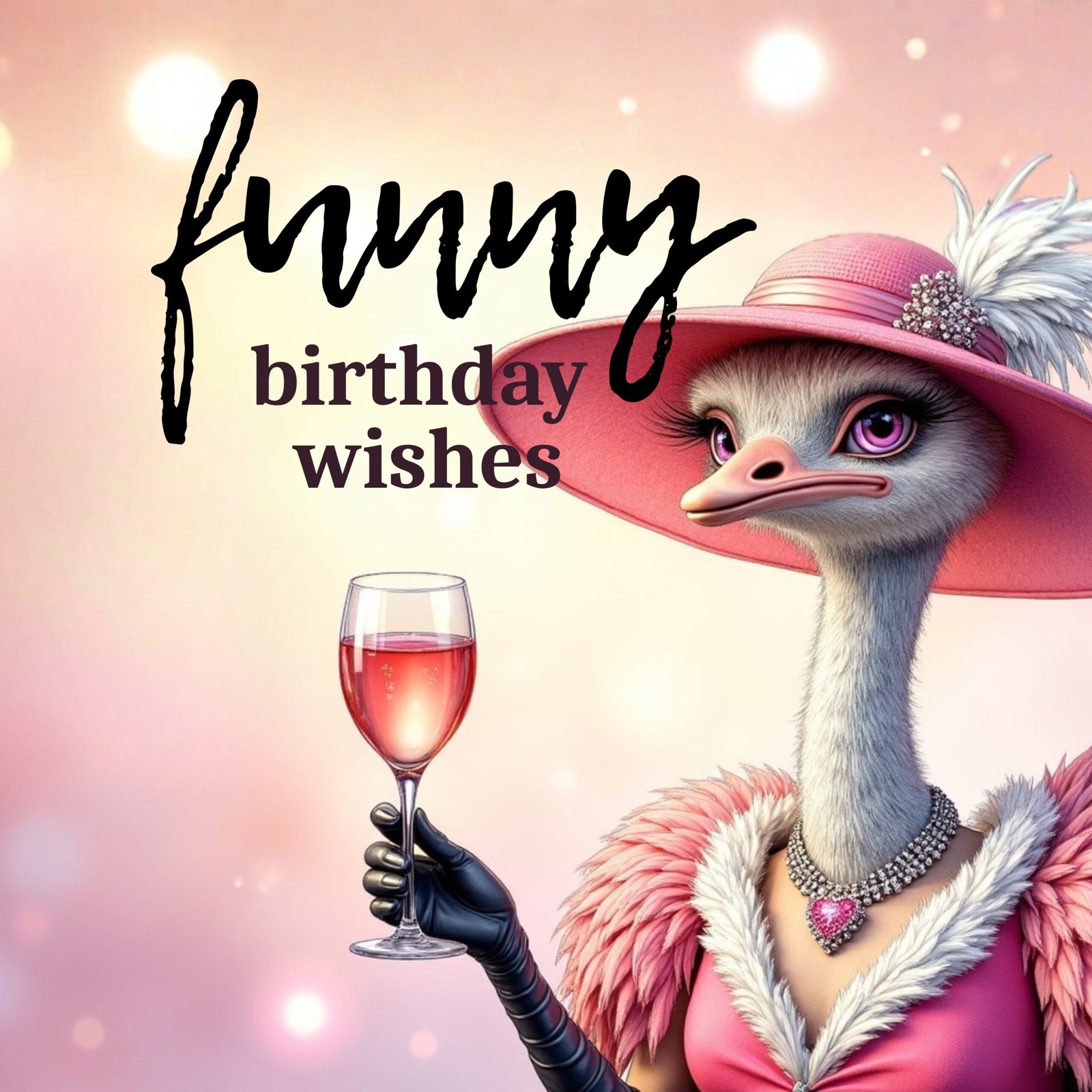 Funny Birthday Wishes pink ostrich holding a glass of wine