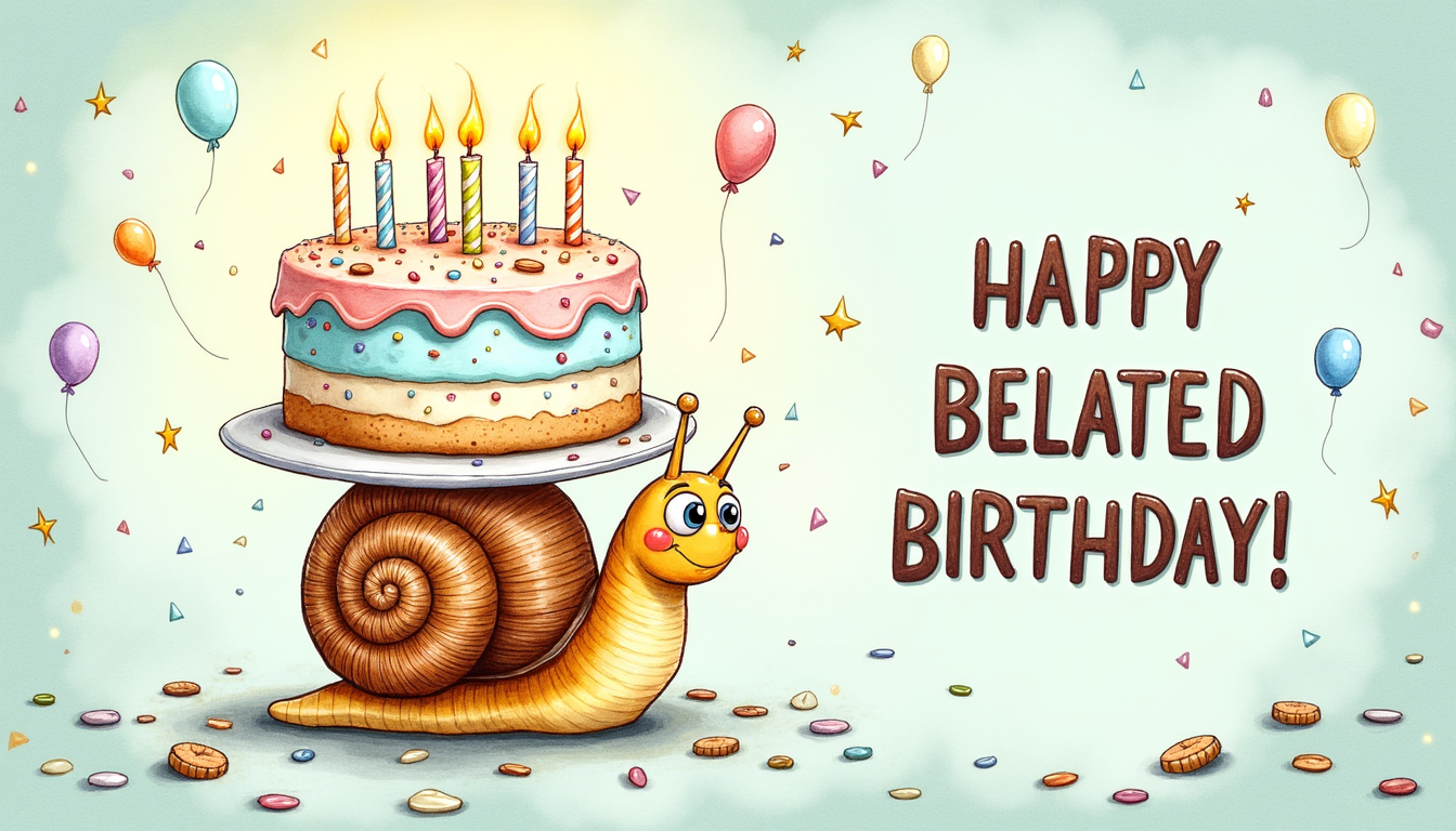 happy belated birthday an illustration of snail with a large birthday cake on its shell