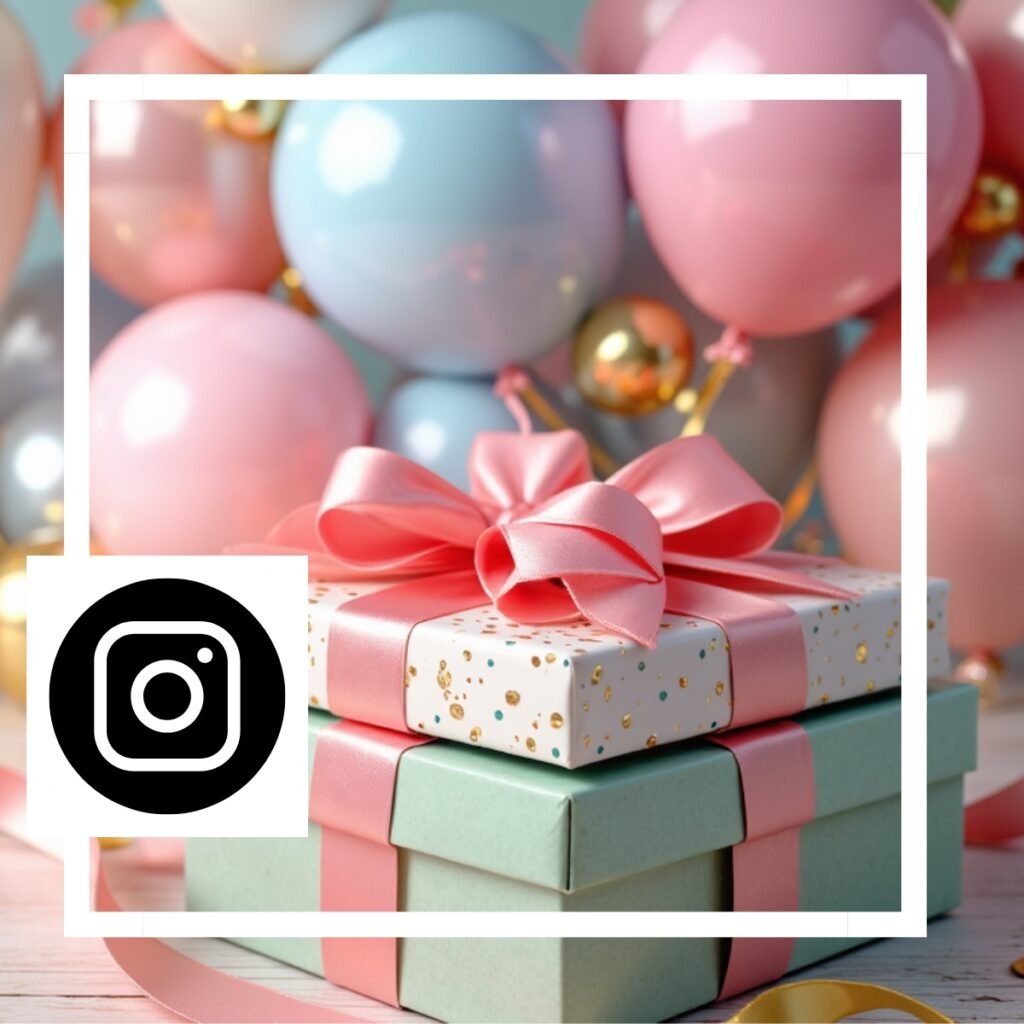 instagream with pastel balloons and wrapped gift