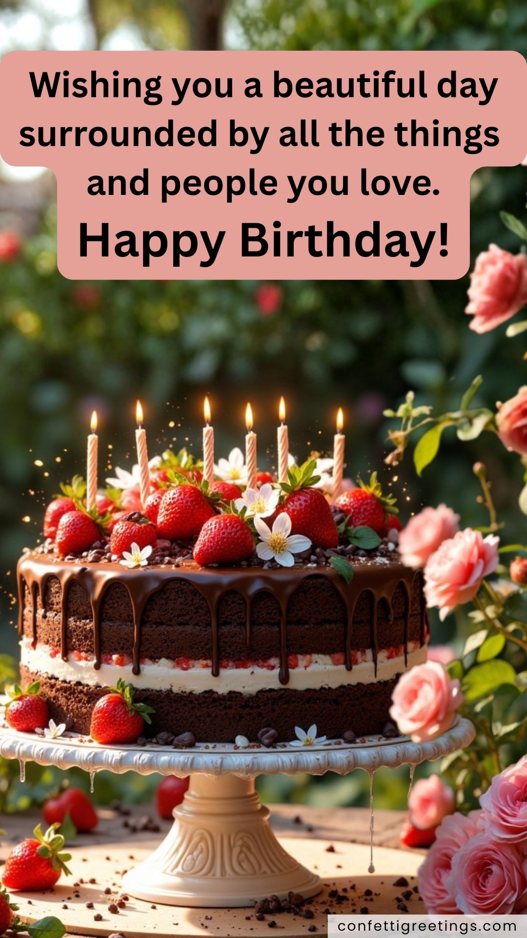 online cards for birthday chocolate and strawberry birthday cake with lit candles on top with a garden backdrop