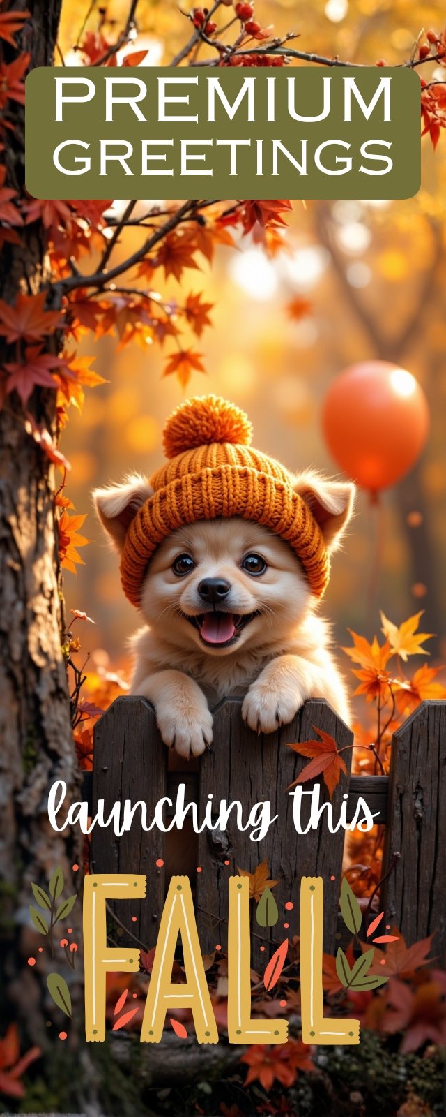 confetti greetings premium collection - cute dog in the woods on a fall day wearing an orange knitted hat