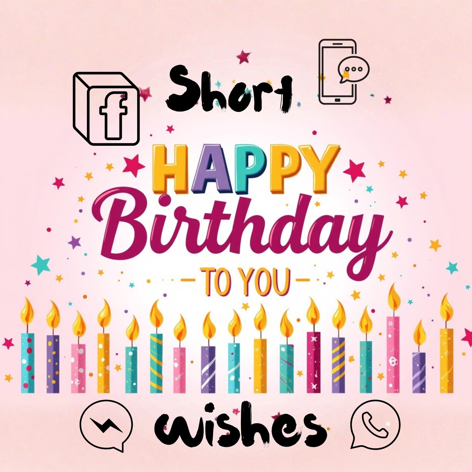 short birthday messages for text, messenger and social media. image of lit birthday candles on a pink background