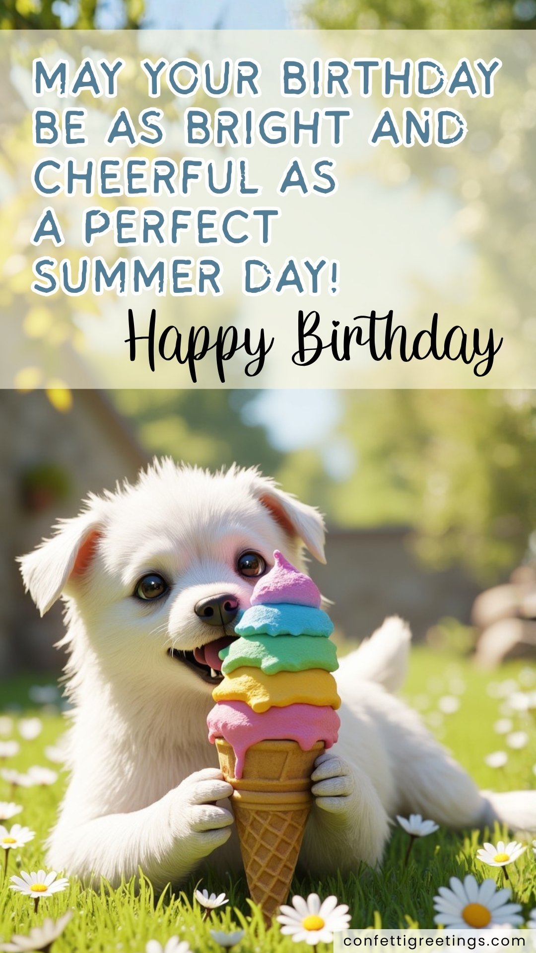 summer birthday card with cute white dog eating an ice cream cone