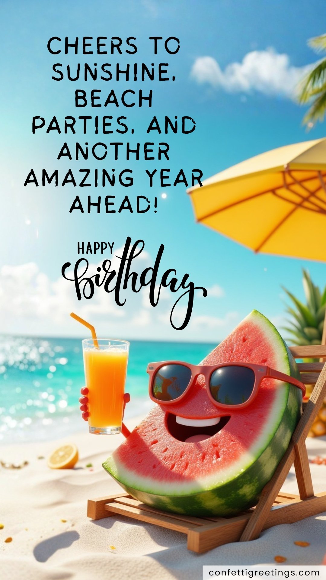 summer birthday card cute watermelon lounging on the beach with a drink in hand