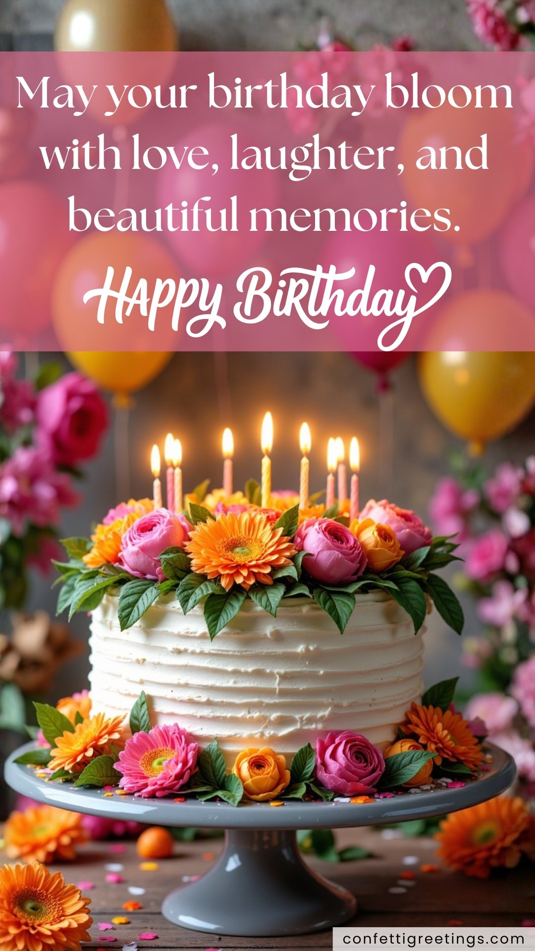 summer birthday card beautifil cake decorated with bright flowers and lit candles