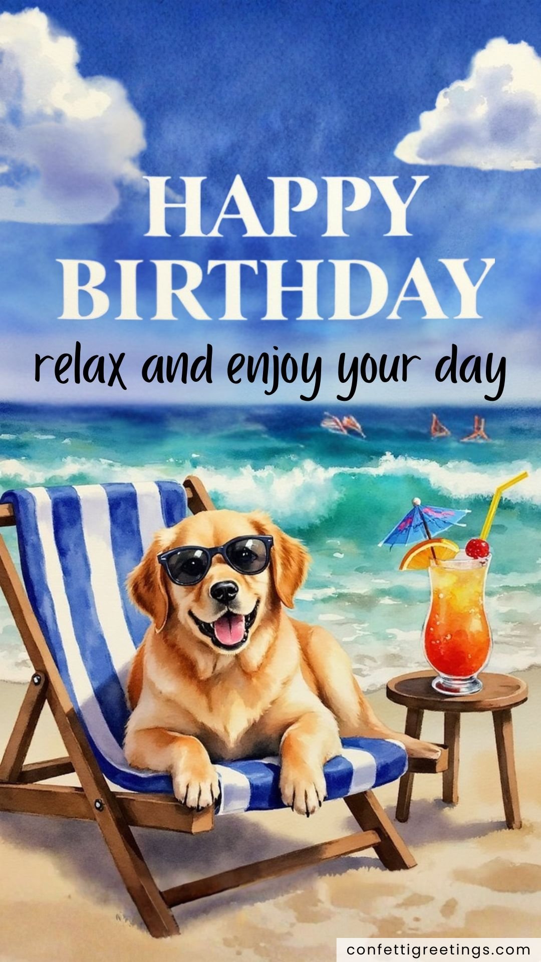 summer birthday greeting golden retriever sitting on the beach relaxing