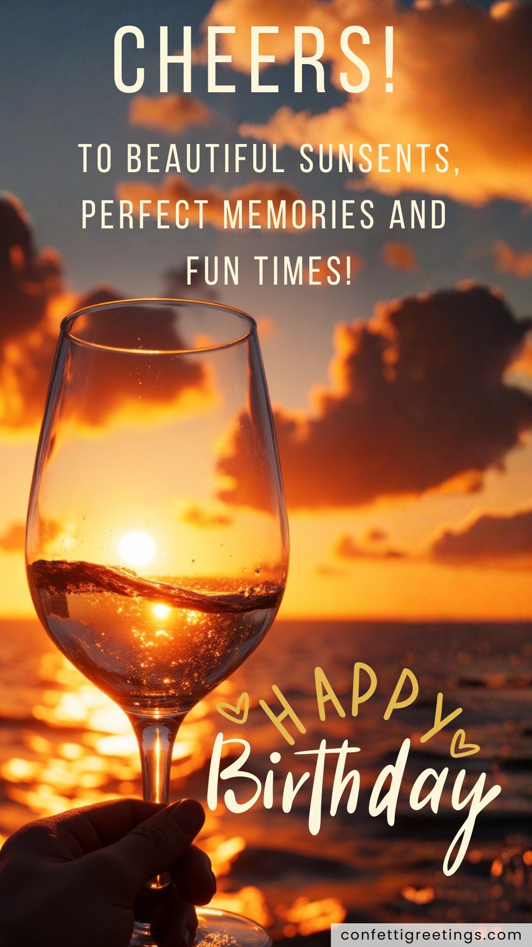 summer birthday greeting wine glass over the ocean with sunset background