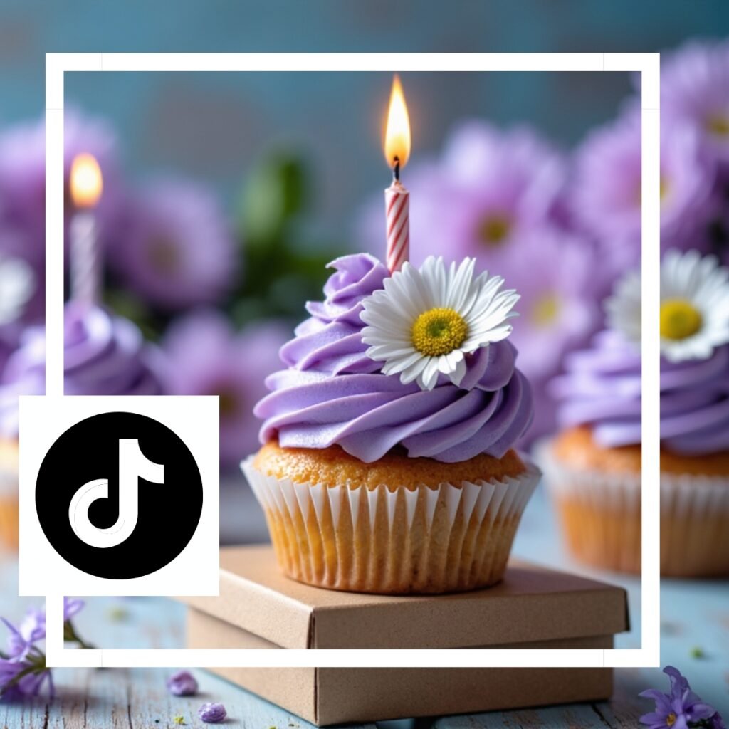 tiktok with purple cupcake, lit candle and daisy flower decoration