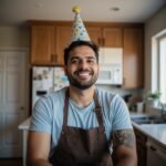 a middle aged man wearing a birthday hat