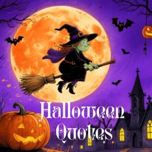 Halloween Quotes - cartoon witch flying on a broom against a huge glowing moon