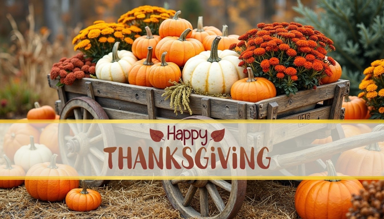 Thanksgiving wishes - wooden wagon filled with white and orange pumpkins and colorful mums