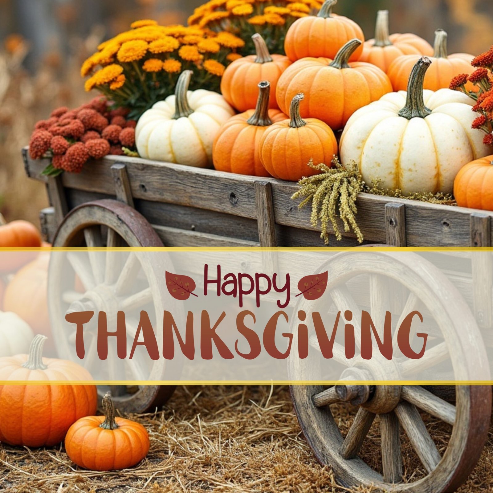 Thanksgiving wishes - wooden wagon filled with white and orange pumpkins and colorful mums
