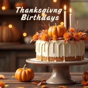 Thanksgiving Birthday cake decorated with orange flowers and pumpkins with white frosting and lit birthday candles
