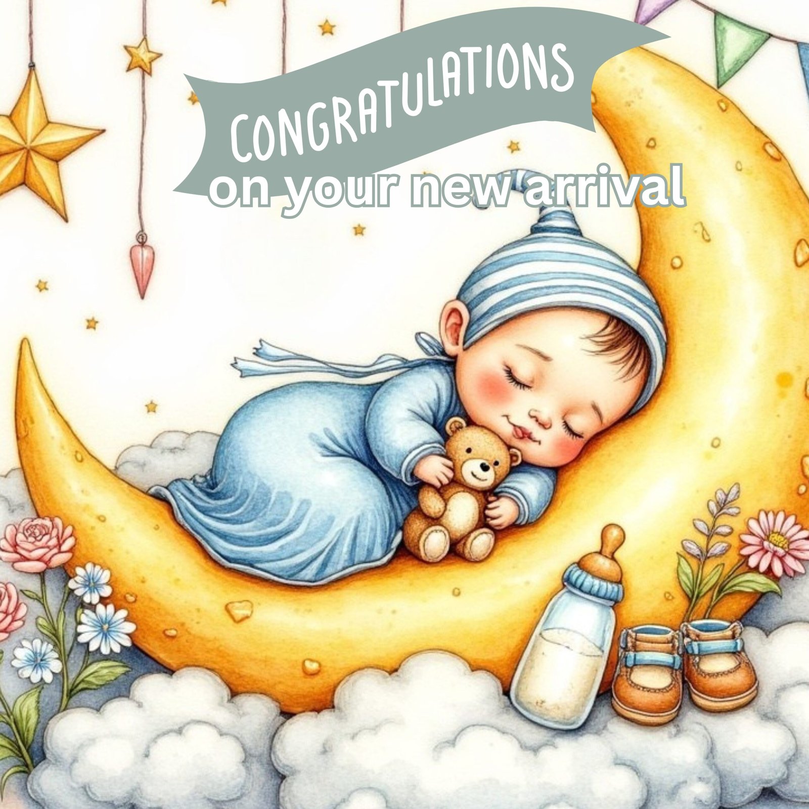 Congratulations Messages for a New Baby - watercolor image of a newborn baby sleeping soundly