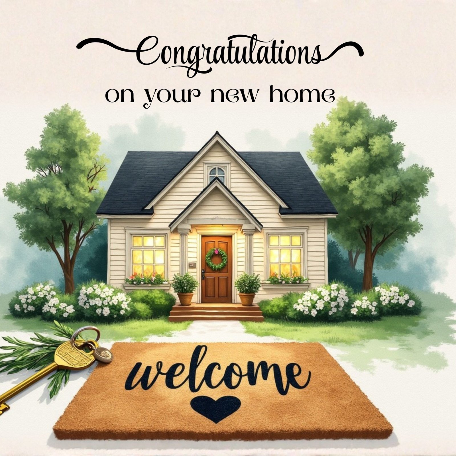congratulations on your new home messages - watercolor home with a welcome mat in front of it