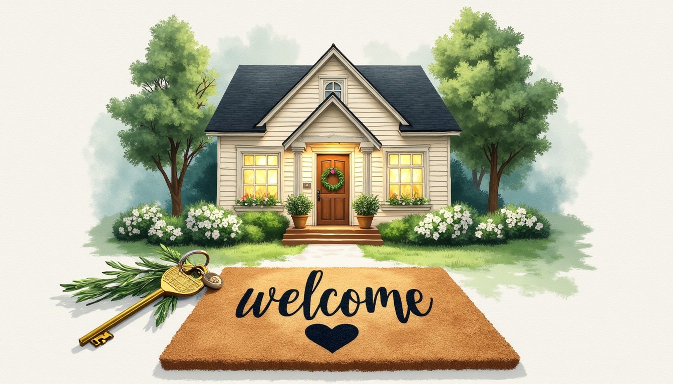 congratulations on your new home messages - watercolor home with a welcome mat in front of it