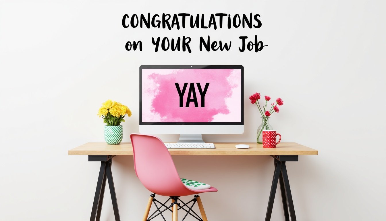 congratulations messages for a new job or promotion - watercolor desk with a computer on it