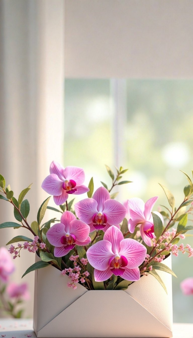 free ecards-virtual greeting cards-design hot pink orchids flowing out of an envelop