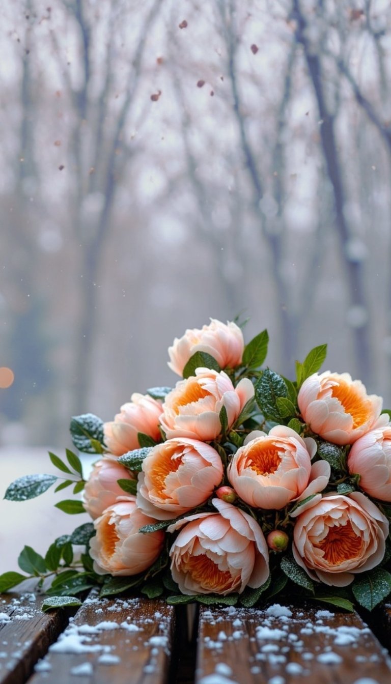 free ecards-virtual greeting cards-design peach flowers on a bench during winter