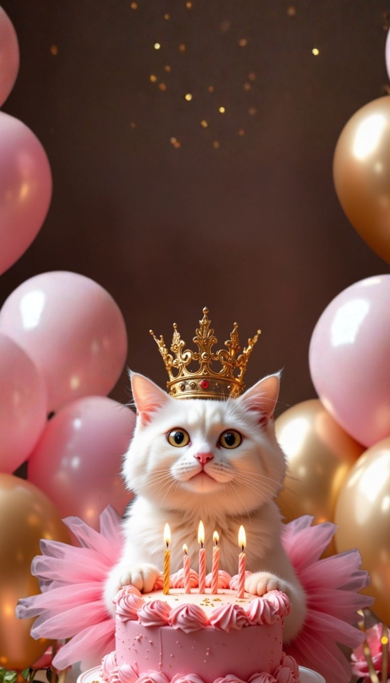 free ecards-virtual greeting cards-design cute cat wearing a crown with a pink birthday cake