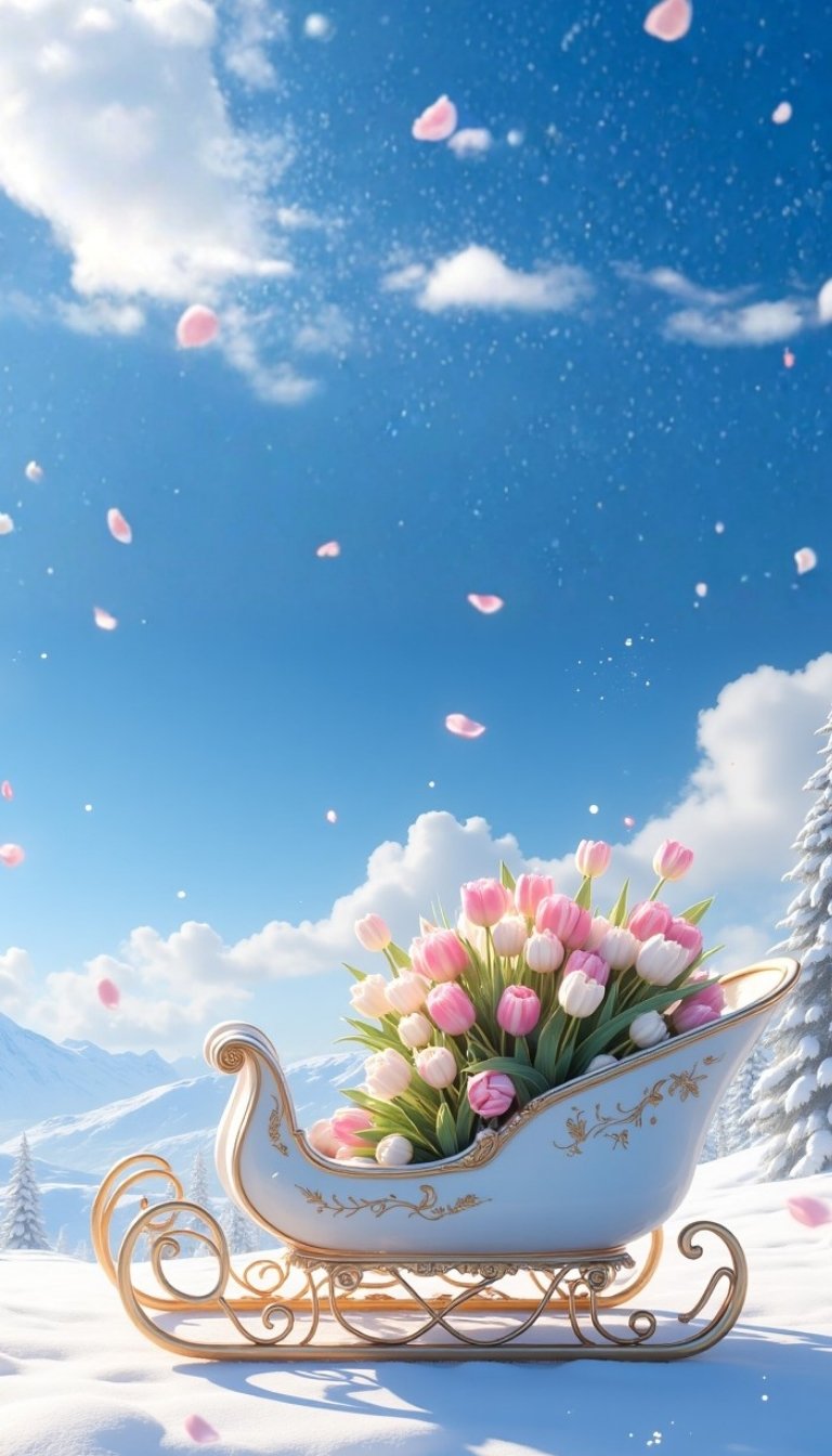 free ecards-virtual greeting cards-design winter scene with white sleigh filled with pink tulips