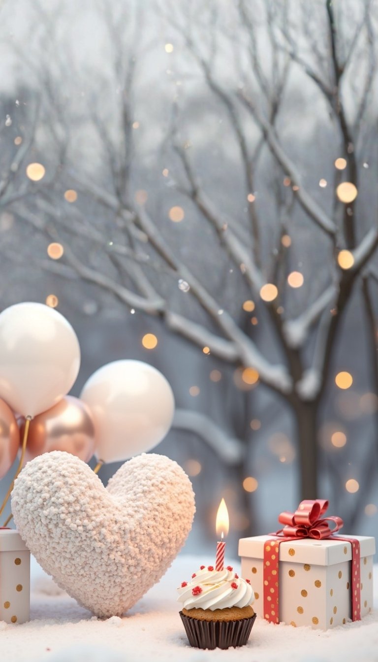 free ecards-virtual greeting cards-white balloons and gift box with a winter theme background