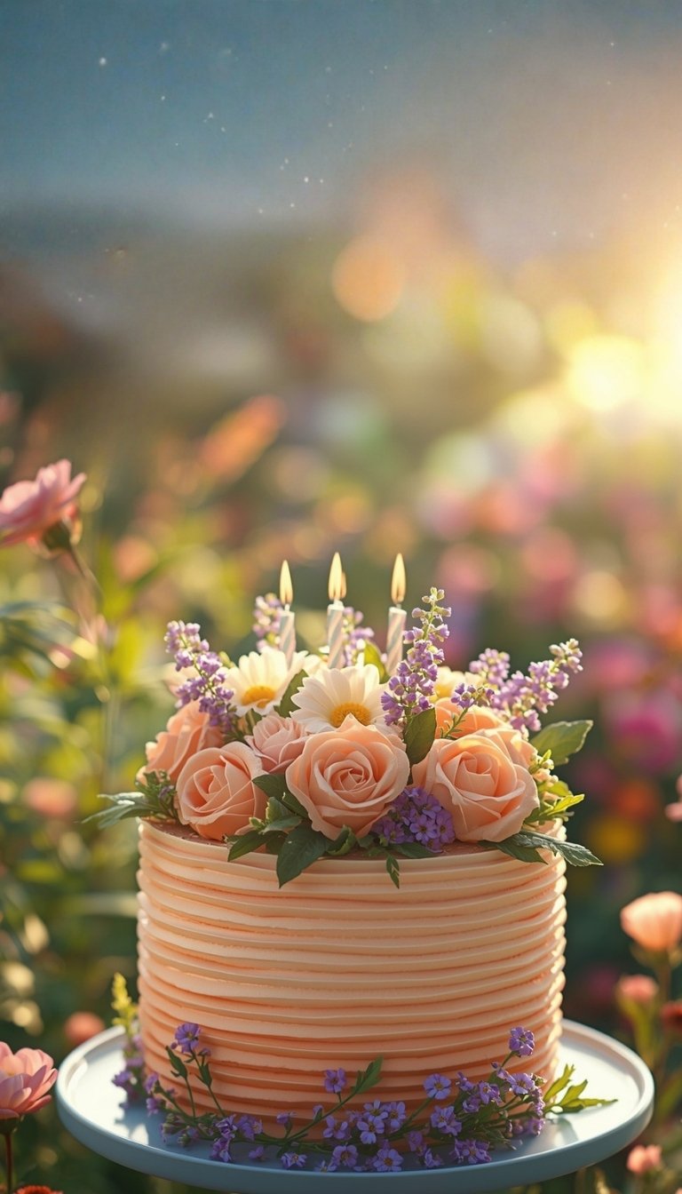 free ecards-virtual greeting cards-peach cake with lit candles against an outdoor scenery