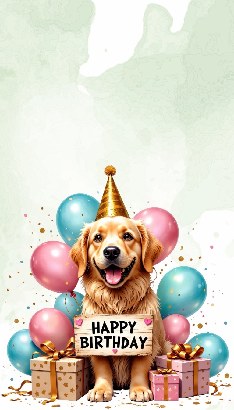 free ecards-virtual greeting cards-design cute dog with balloons holding a Happy Birthday sign
