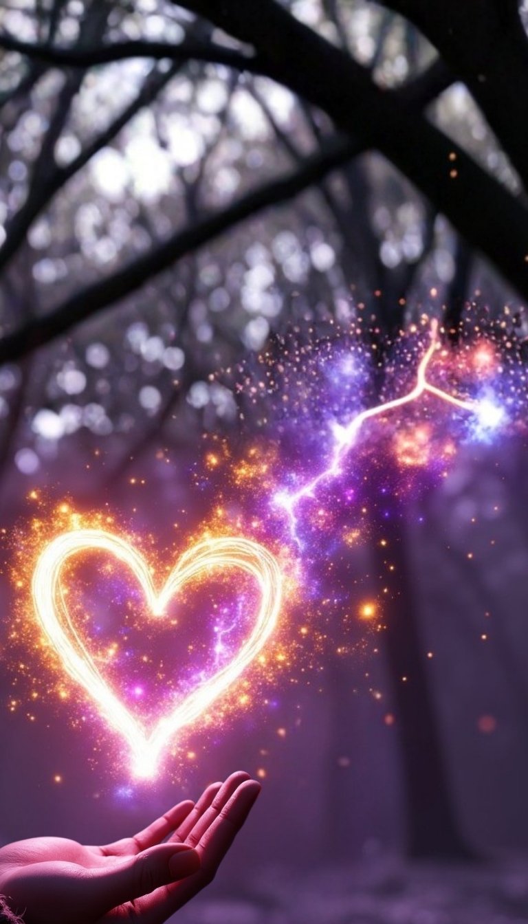 free ecards-virtual greeting cards-a neon ping glowing heart floating toward black and white trees