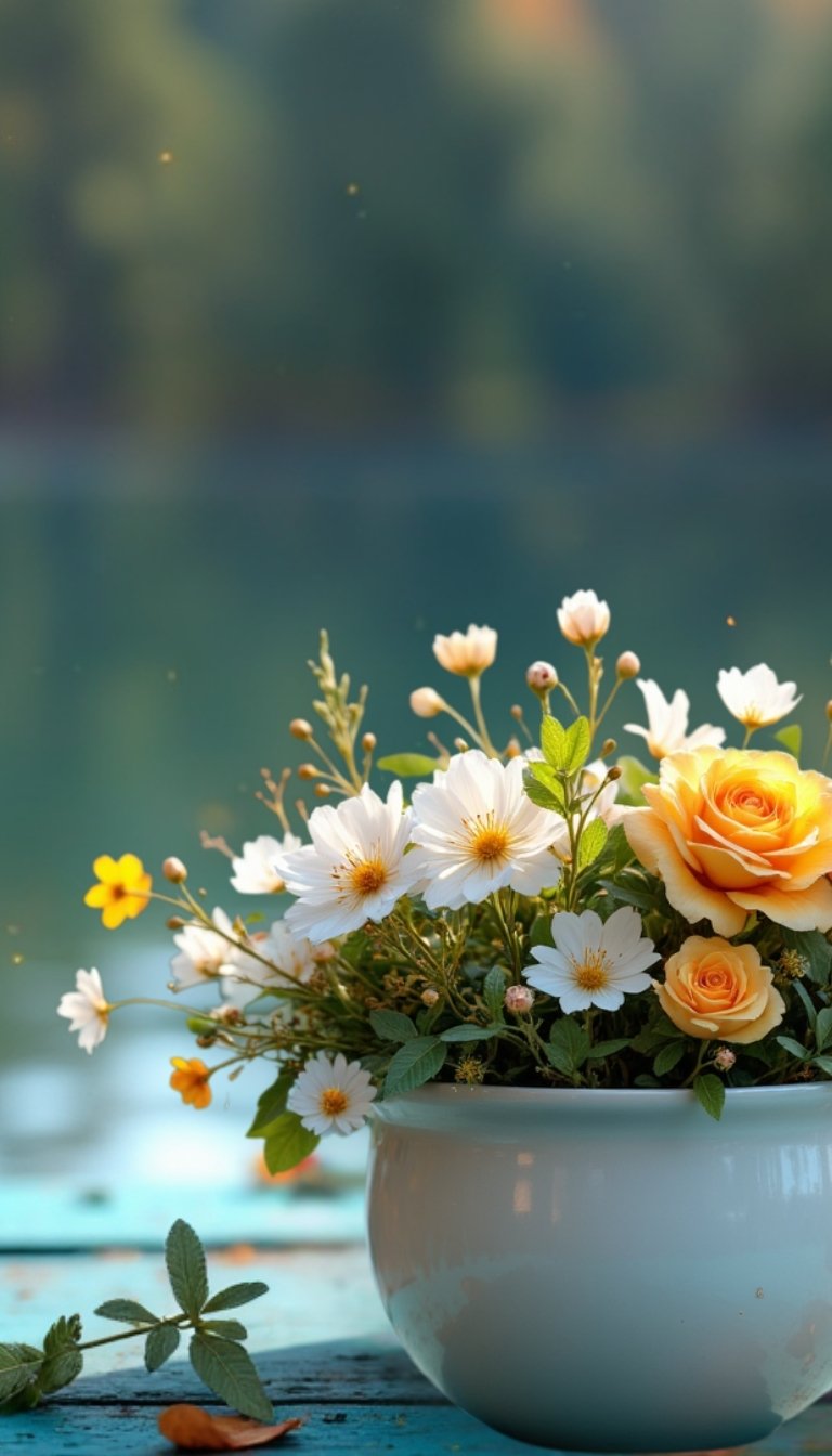 free ecards-virtual greeting cards-wildflowers in a white vase with a lake bacground