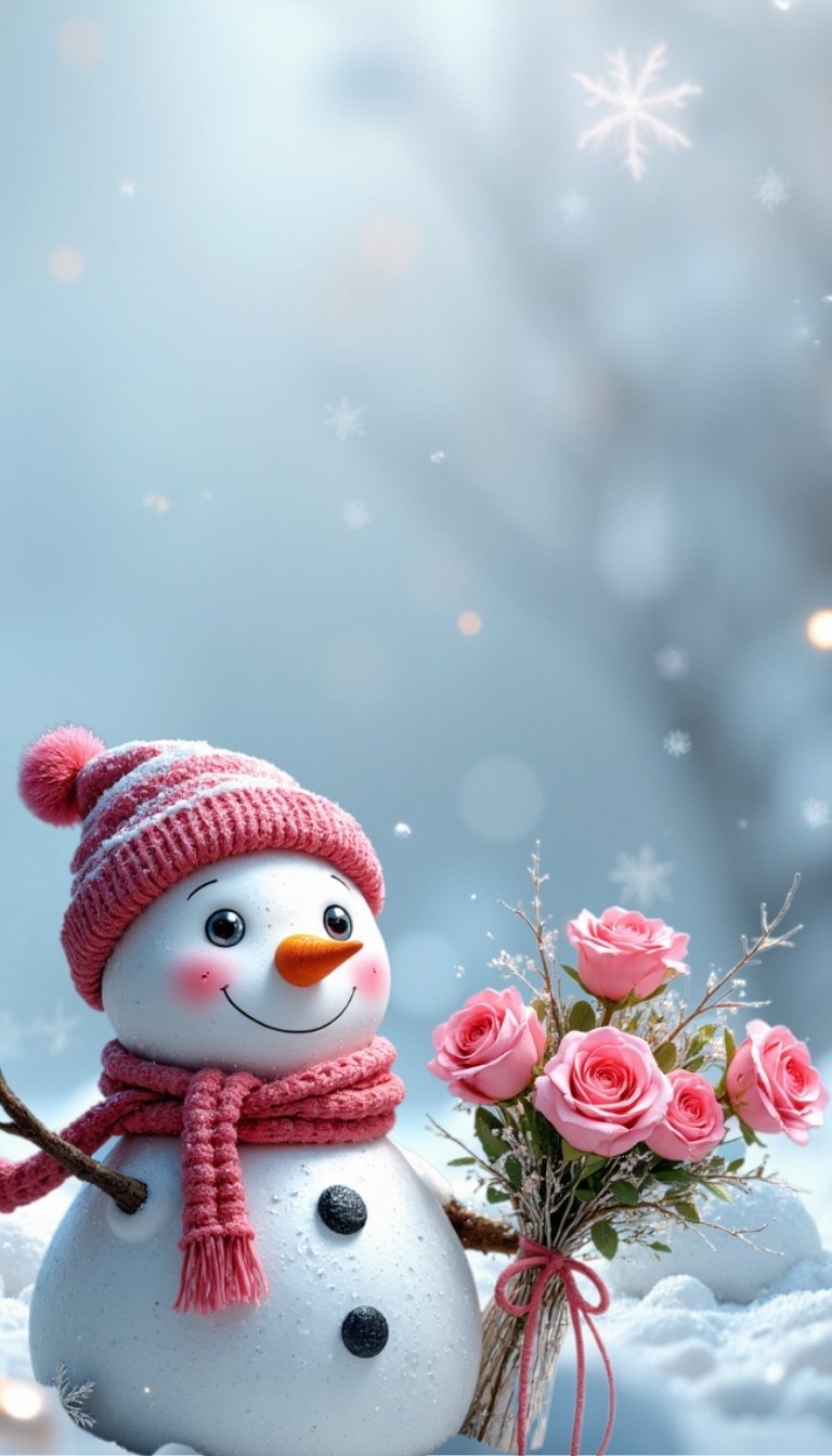 free ecards-virtual greeting cards-design cute snowman holding pink roses