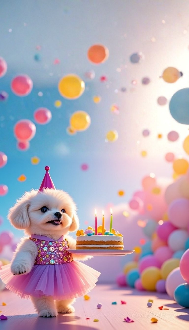 free ecards-virtual greeting cards-design white maltese dog holding a birthday cake wearing a ruffled dress