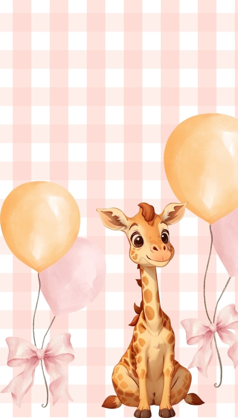 free ecards-virtual greeting cards-design watercolor giraffe and pink balloons on a pink gingham background